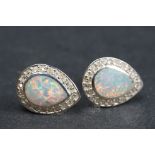 Pair of silver and CZ pear shaped opal panelled earrings
