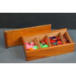 Collection of Coloured Bone Tiddlywinks contained in a Mahogany Box with Slide Lid