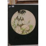 Bjorn Wiinbald Circular Print depicting a Seated Woman holding flowers, 44cms diameter, framed