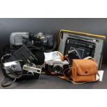 A box of mixed cameras and photographic equipment to include 35mm and polaroid examples.