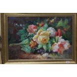 Large gilt framed oil painting of an Impressionist still life display of flowering blooms, approx.