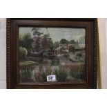 Vintage oil painting on board of the River Thames at Isleworth, signed Constance Bridger