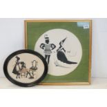 Vintage oval silhouette, lady and maid in boudoir, together with a romantic signed illustration (2)