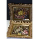 After Vincent Clare, Two Oil Paintings on Canvas, Flowers with a bird's nest and Fruit in a