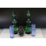 Pair of Green Glass Bottles with Stoppers, 36cms high together with Pair of Whitefriars style Blue