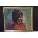 Mid 20th century oil painting, portrait of an oriental girl, approx. 41cm x 50cm