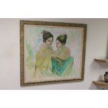 Contemporary Far East School framed oil on canvas, two girls, signed illegibly and dated 98, approx.