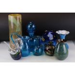 Collection of Nine items of Coloured Glass Ware including Mdina style Bottle and Stopper, 2