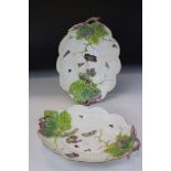 Mid 18th century Pair of Chelsea Leaf and Basket weave Moulded Relief Dishes painted with