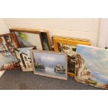 Eight Mid century Oil Paintings, mainly Paris Scenes, Continental and Sailing Boats