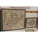 Two Antique John Cary Hand Coloured Map Engravings, one of Rutlandshire, 48cms x 43cms, framed and