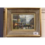 Oil on panel, a view of a busy Paris street scene with tram and figures