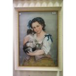 Pastel Portrait of a 19th century Girl holding a Dog, 68cms x 49cms, framed and glazed