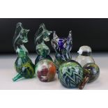 Four Mdina Glass Paperweight plus Two Mdina Glass Stoppers together with Mtarea Owl Paperweight