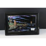 Ebonized framed antique butterfly wing picture depicting a peaceful Dutch coastal scene, monogrammed