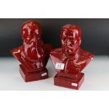 Two Red Glazed Ceramic Busts of Stalin and Marx, 27cms high