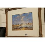 Gilt swept framed oils on board, a beach scene at low tide with figures strolling