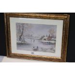 Don Austen, oil on canvas, a classical winter view of a snowy river scene with figures and cottages