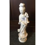 White glazed figurine of a Chinese Goddess, 13.5" tall restoration to fingers to one hand, blue