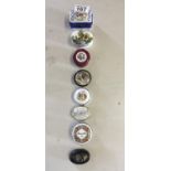 Collection of 8 Vintage decorated pill pots and lids, assorted selection of porcelain and enamel