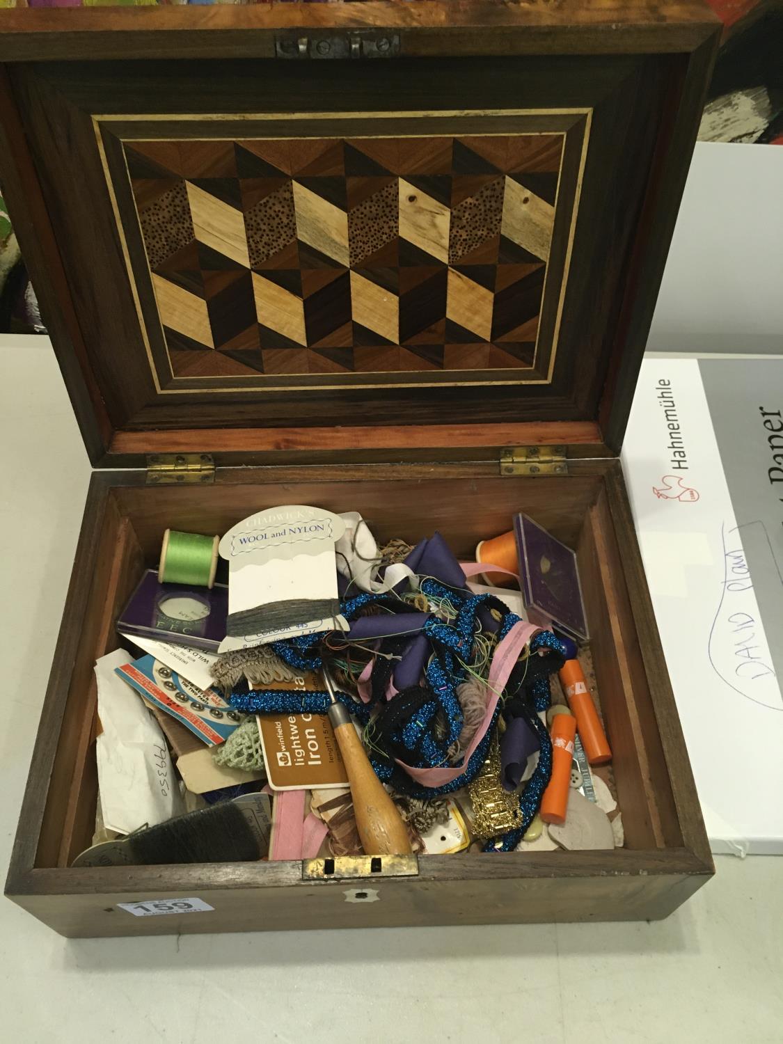 19c flame mahogany sewing box with contents with single tier compartment holder, - Image 2 of 3