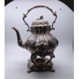 Silver plated Victorian Rococo design spirit kettle on stand, makers mark to base Shaw and Fisher,