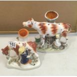 2 x 19th Century Staffordshire Spill vases, 6" and 8" tall, both with cows and figures
