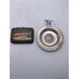 Silver cigarette case 55 grams and a silver commemorative dish, 4" dia grams