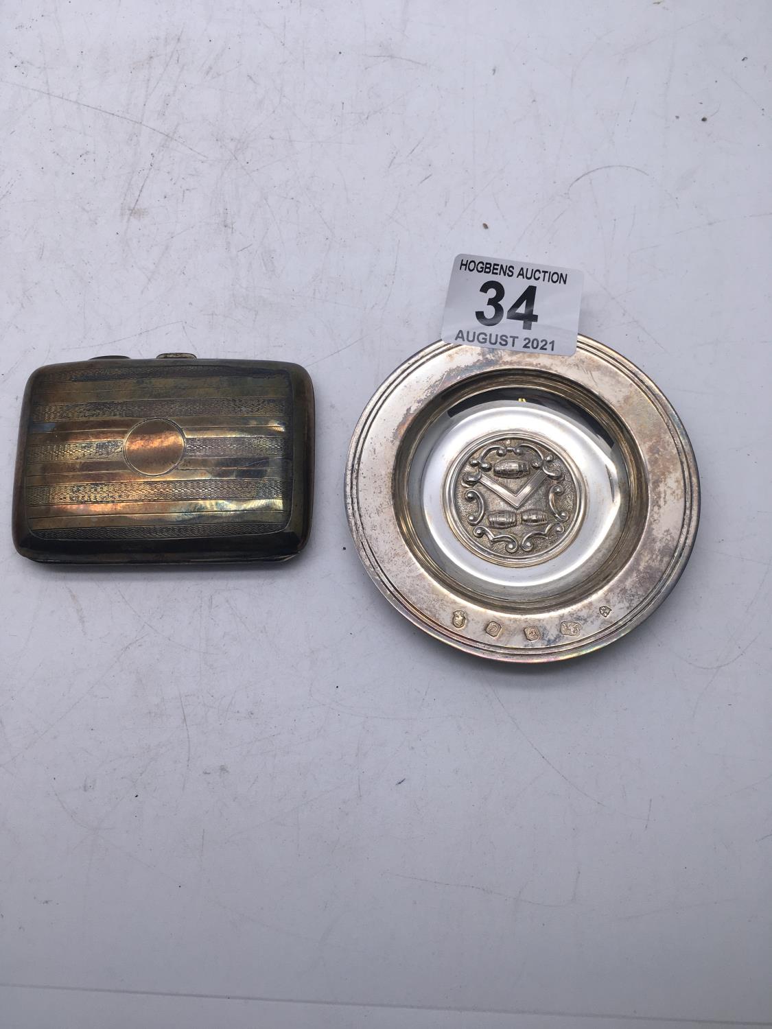 Silver cigarette case 55 grams and a silver commemorative dish, 4" dia grams - Image 2 of 4
