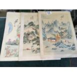 3 x Chinese paintings on silk, 8" x 12" landscape and figures