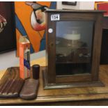 Small mahogany 19's smokers cabinet with contents to include 2 x leather cigar cases, mixing bowl