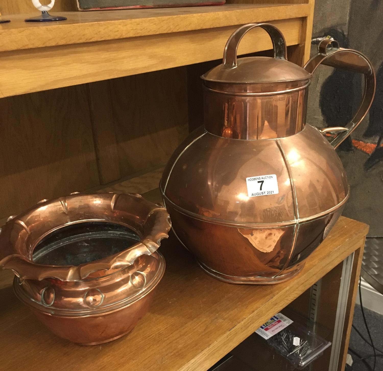 Copper Arts & Crafts flower pot 8" tall, copper Arts & Crafts gallon kettle with lid markers Martins - Image 2 of 7