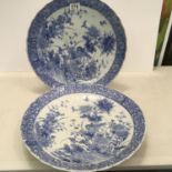 Pair of matching Antique blue and white large serving dishes, 15" dia, decorated with birds and