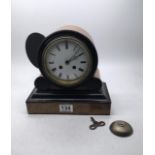 19c drum mantle clock ebonised and mahogany, 9.5" tall 8 day movement striking on a bell appears