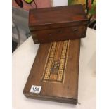 Mahogany 19c games box with cribbage board set to the top, a 19c small brass bound deed box 6" x