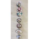 Collection of 7 Vintage decorated pill pots and lids, assorted selection of porcelain and enamel