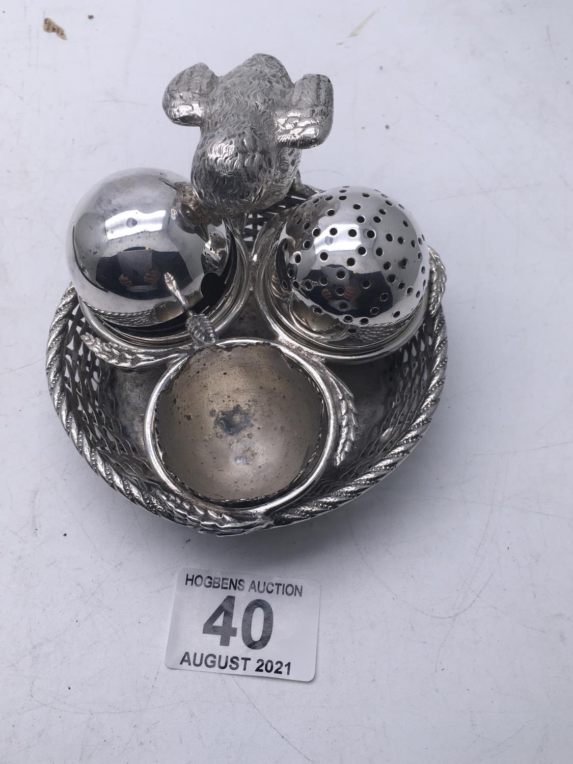 Mappin & Webb London late 19 th century boiled egg companion, salt, pepper, egg cup, all being