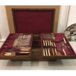 Edwardian period oak 3 tier cutlery box with contents, part complete (see photos for missing items)