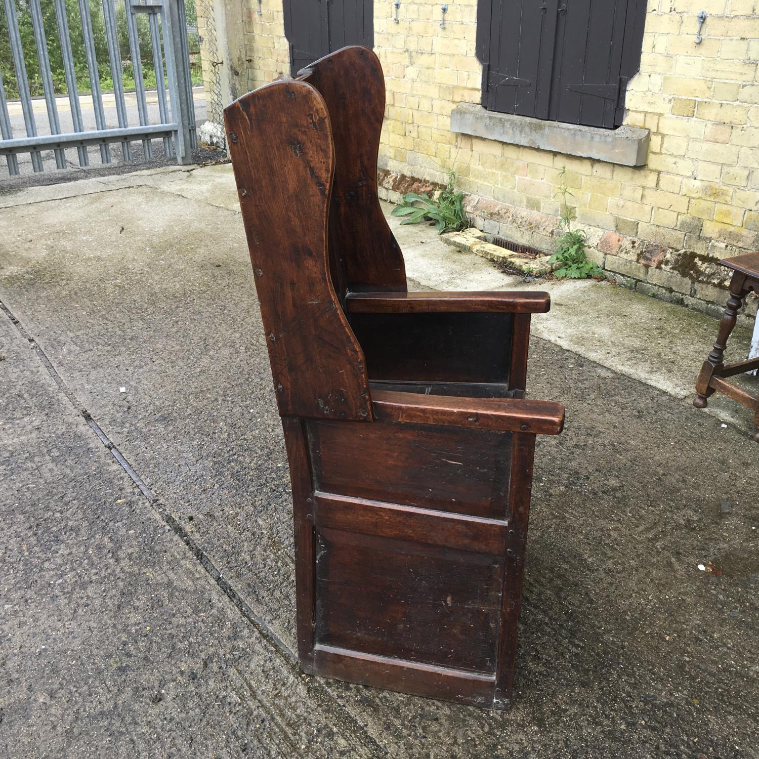 Interesting 18th century Monks Hall chair, 3' tall 24" wide (see photo for construction details) - Image 2 of 7