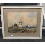 Panoramic Dutch landscape watercolour signed button left 1990's with figures and windmill 14" x "