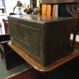 Green lacquered Camphor Wood Chinese chest, blanket chest with carved decoration to the top, and
