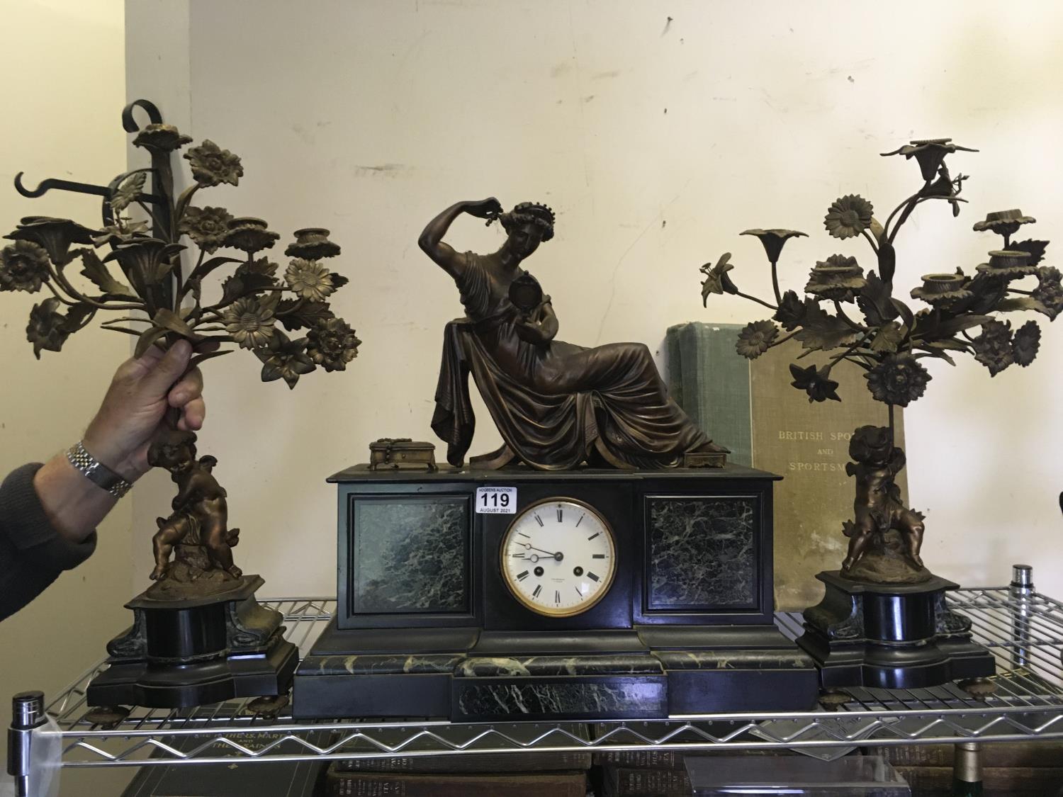 Classical design French late 19th Century 3 item marble and spelter garniture set, a centre clock