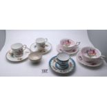 5 x assorted cabinet cups and saucers with floral decoration, 2 x Paragon ware,