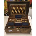 19c flame mahogany sewing box with contents with single tier compartment holder,