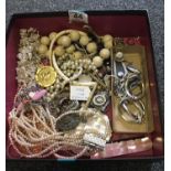 Box containing bead necklaces and costume jewellery, 2 x powder compacts,
