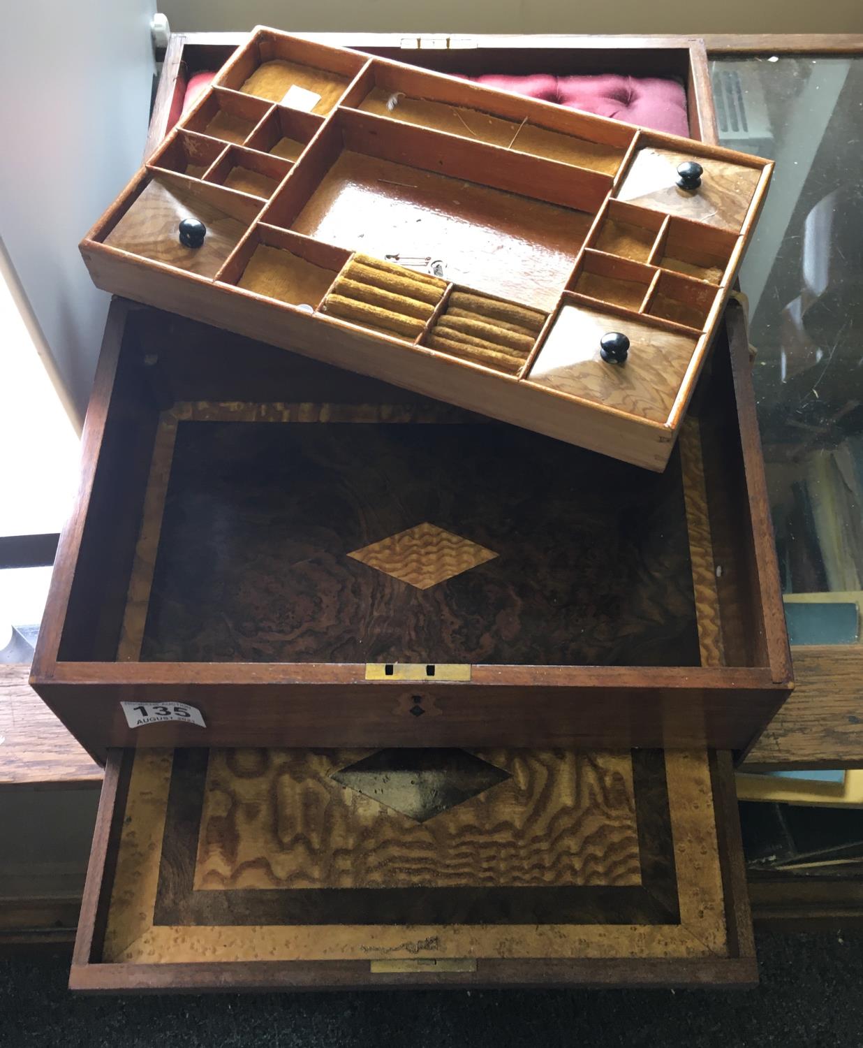 Well fitted and inlaid Victorian jewellery box 2 tier with a single long drawer to the front, 12" - Image 2 of 4