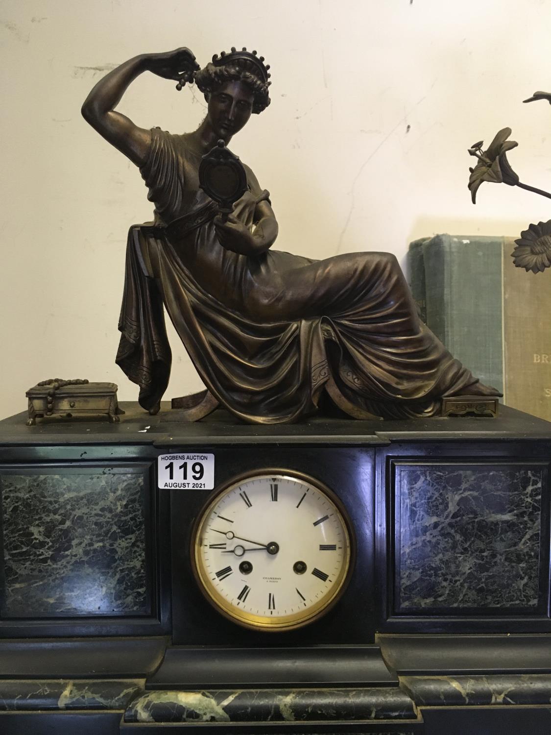 Classical design French late 19th Century 3 item marble and spelter garniture set, a centre clock - Image 2 of 3