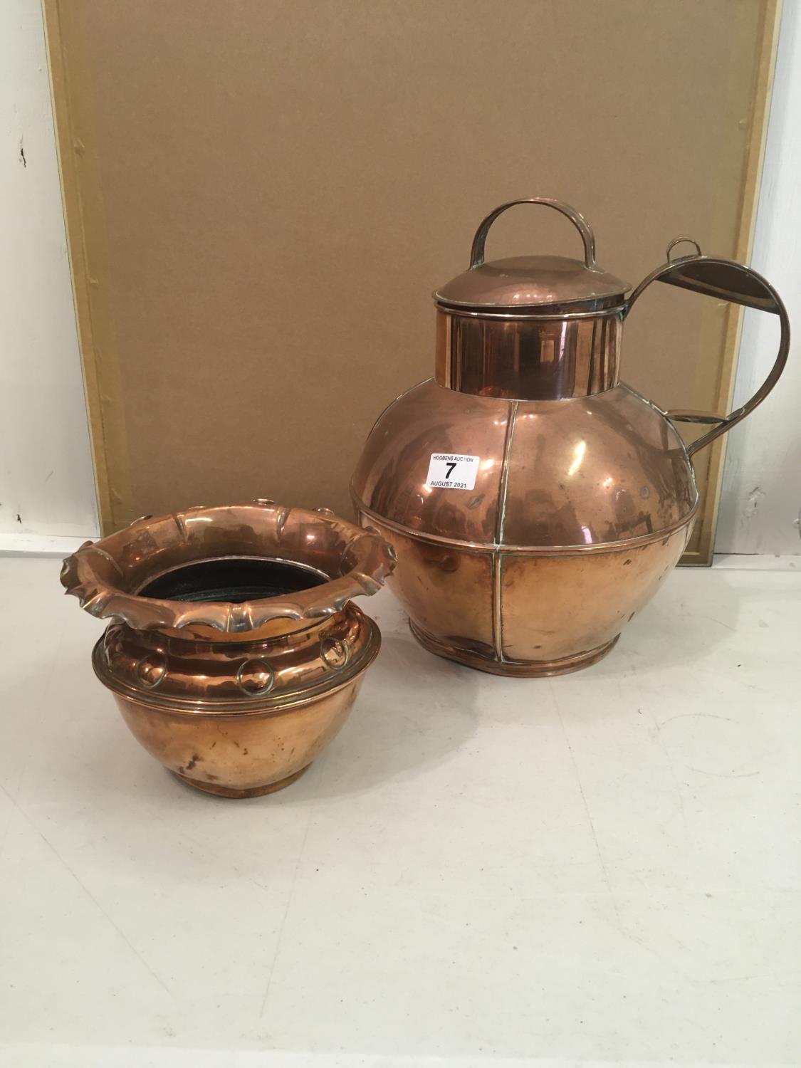 Copper Arts & Crafts flower pot 8" tall, copper Arts & Crafts gallon kettle with lid markers Martins