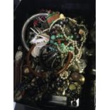 Shoe box containing various bead necklaces, costume jewellery, pearl and simulated pearl