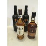 Single bottle of Bells Whisky 75cl un-opened, single bottle of Spanish Brandy 70cl un-opened, and